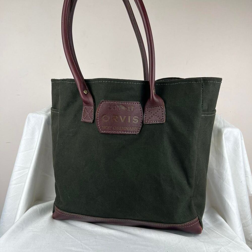 Orvis Not Ordinary 2017 Bag Green Canvas Tote Bag With Burgundy Leather